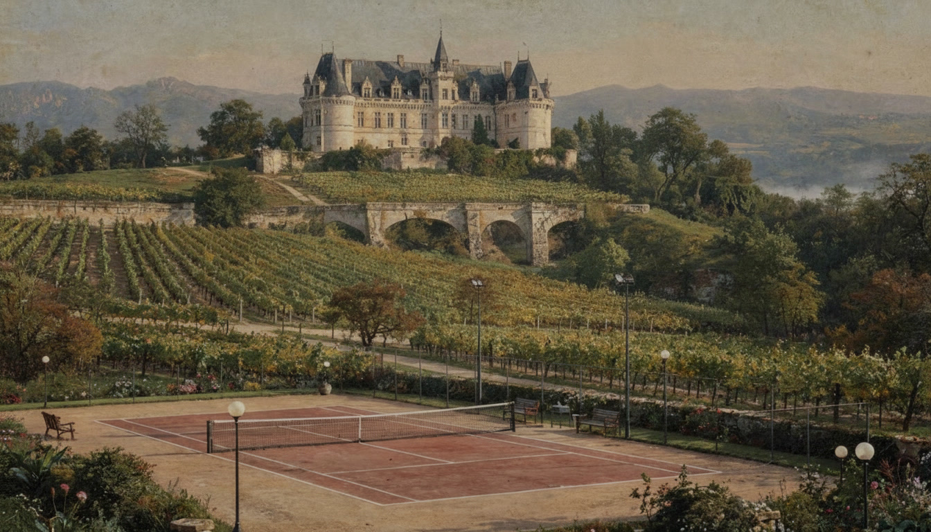 European chateau above vineyards and a clay tennis court
