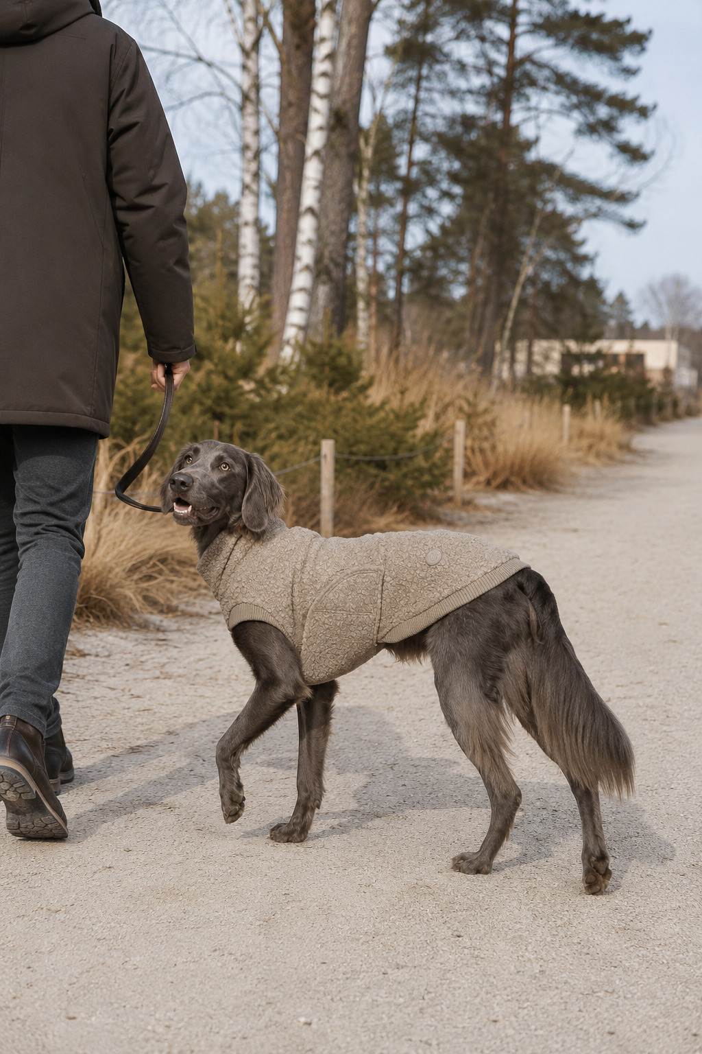 Campaign visual: a dog in the knit jumper walking beside its owner on a woodland path