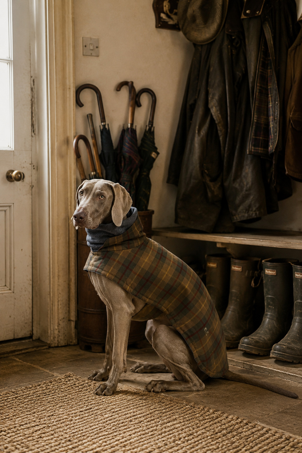 Campaign visual: a Weimaraner in the tartan coat sitting in a country-house hallway beside umbrellas and boots