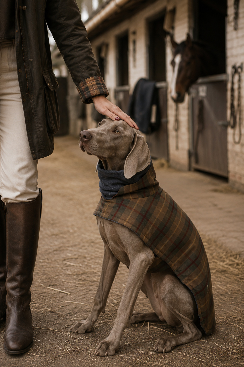 Campaign visual: a Weimaraner in the tartan coat beside a rider in a stable yard