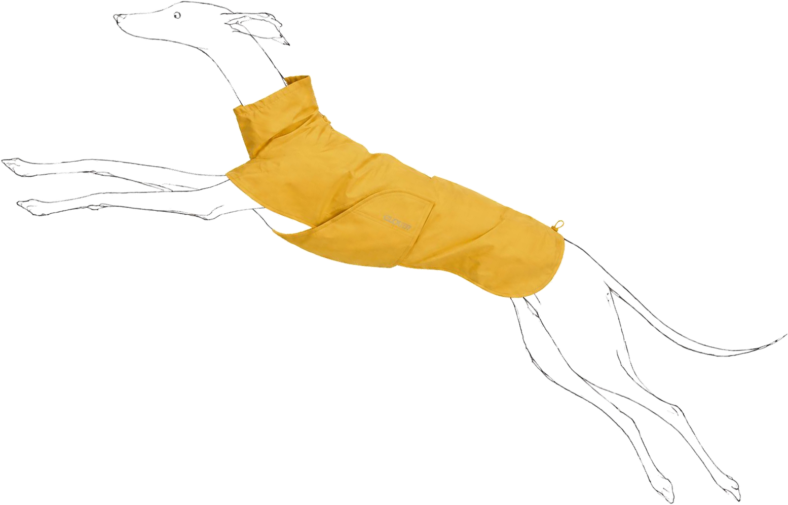 Cloud7 yellow quilted dog coat overlaid on a line drawing of a leaping greyhound