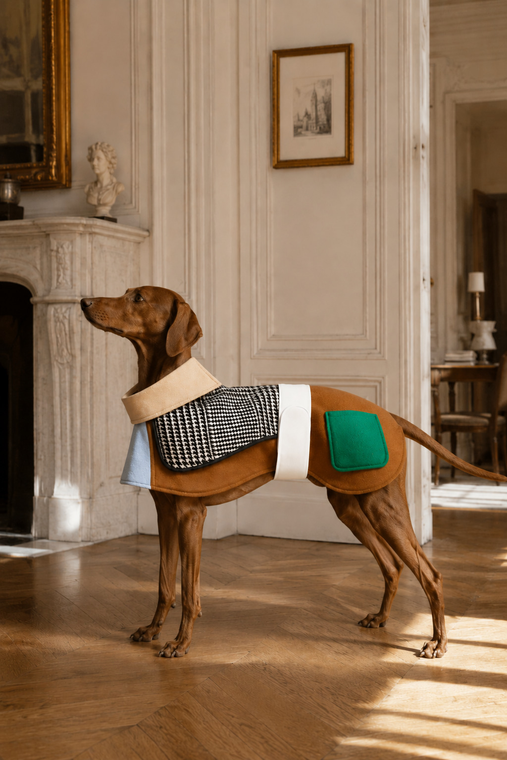 Brown dog wearing a colour-block coat in an elegant Parisian interior