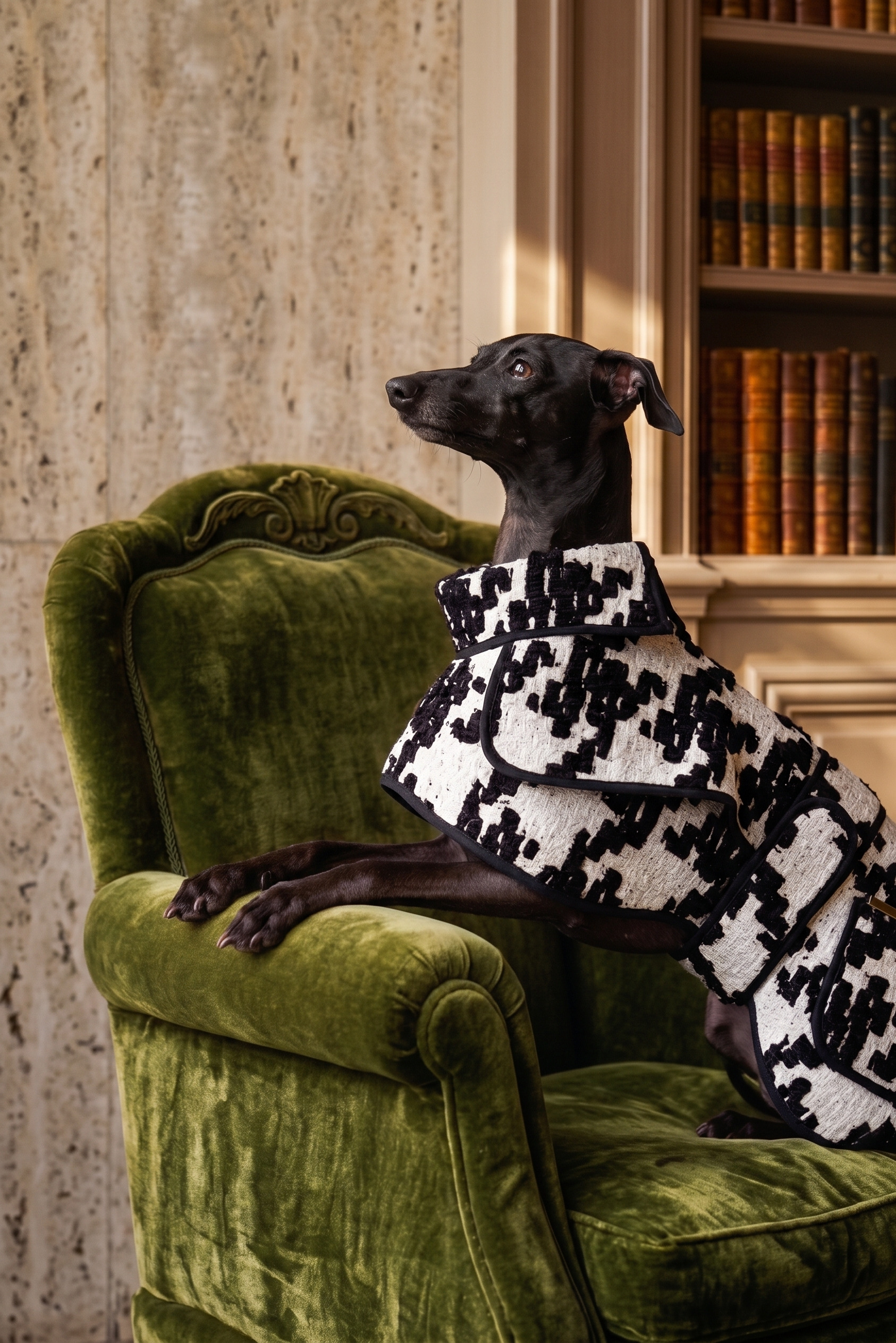 Dog wearing a patterned coat on a green velvet armchair in a library