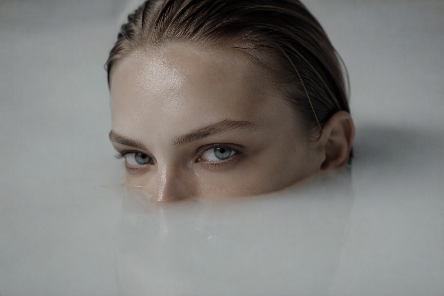 Close-up beauty portrait of a woman partially submerged in milky water