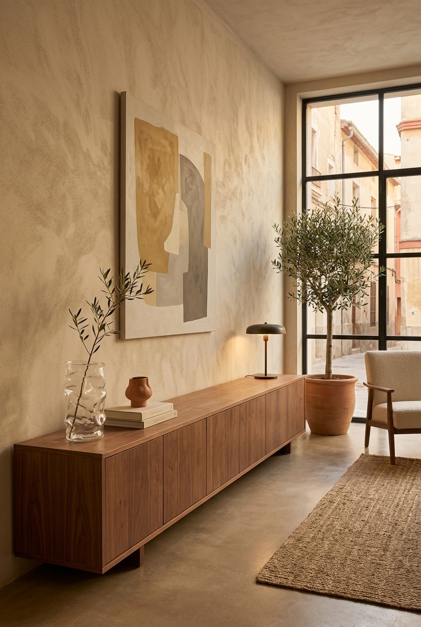 Warm minimalist interior with a walnut sideboard, olive tree and abstract artwork