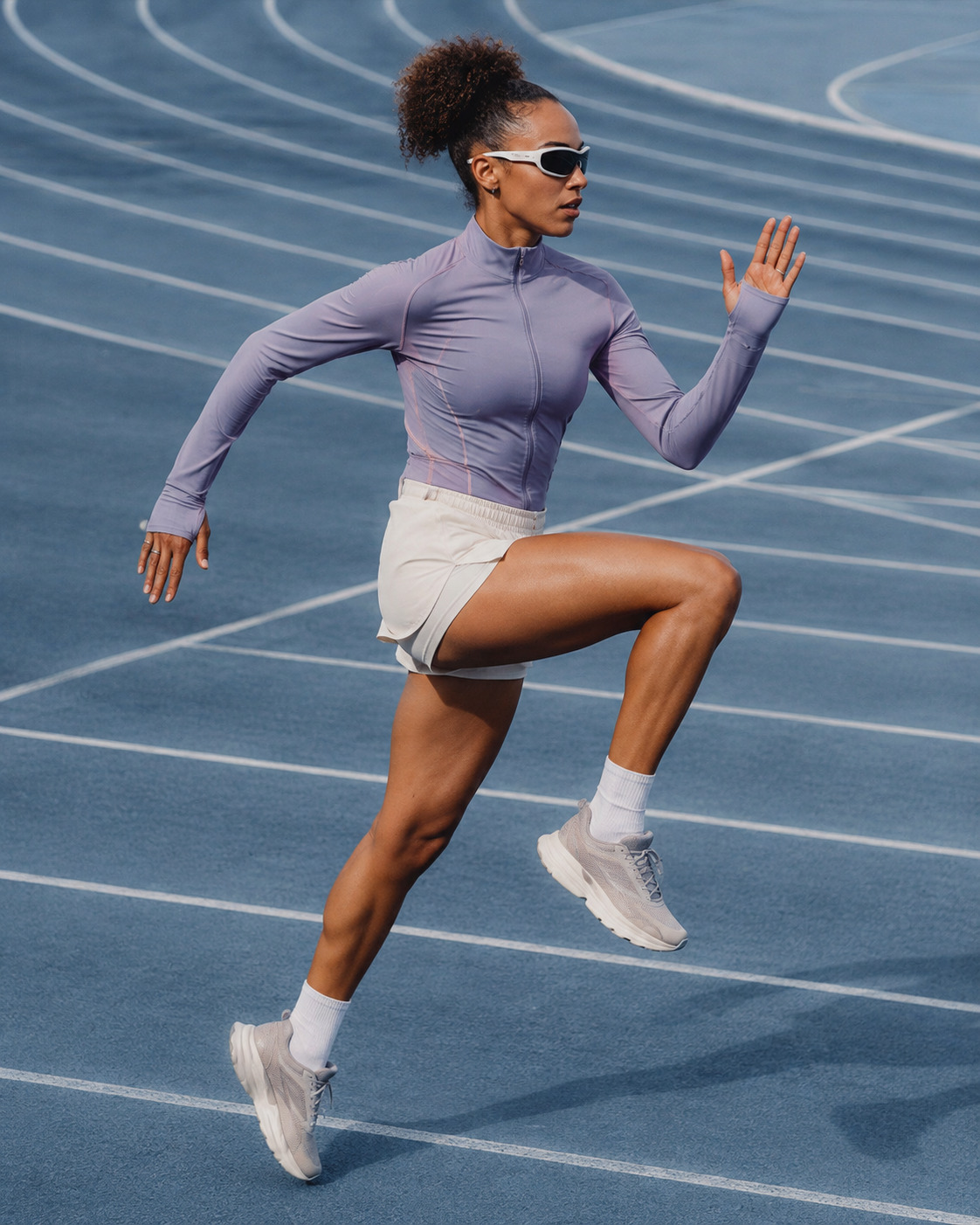 Woman in lilac sportswear sprinting on a blue running track